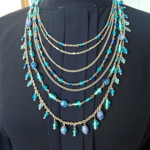 Multi Layer Aqua and Dark Blue Bib Necklace